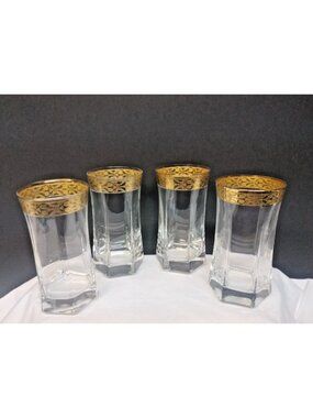 Four Lorren Venezia Gold Banded Tumbler  Six Sided Base Multi-sided 5 5/8"X2"3/4